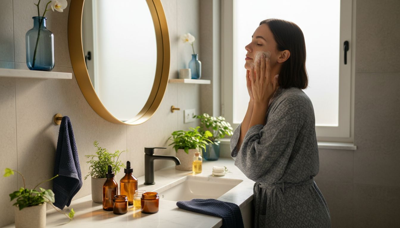 Woman with glowing skin doing morning skincare