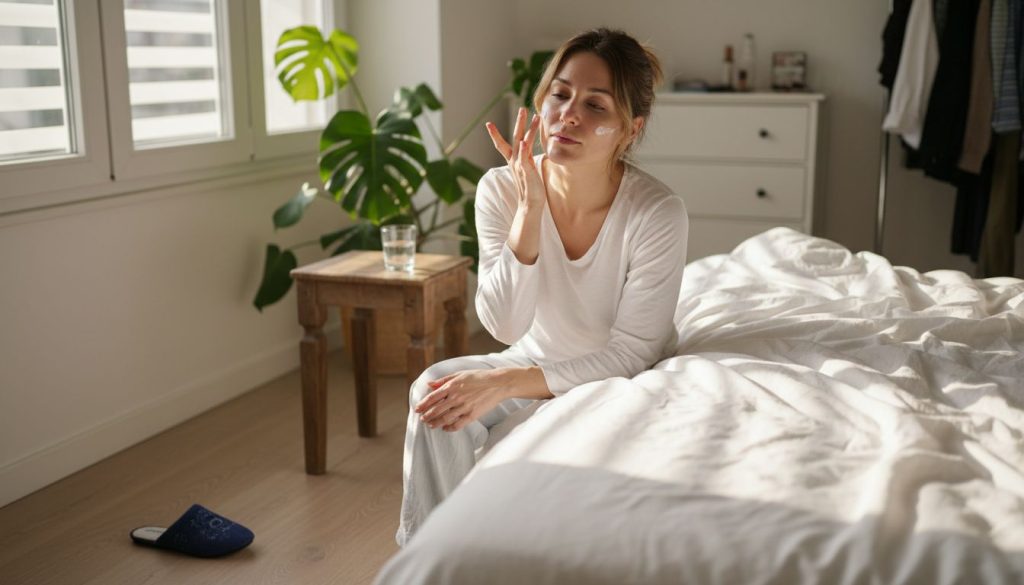 Woman applying moisturizer in sunlit bedroom
