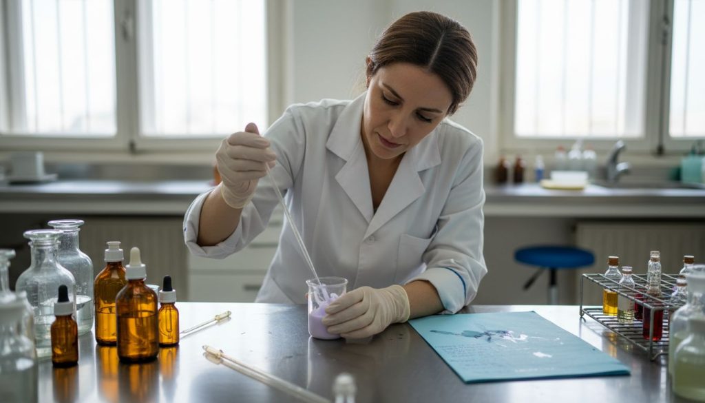 Chemist handling lotion at laboratory counter