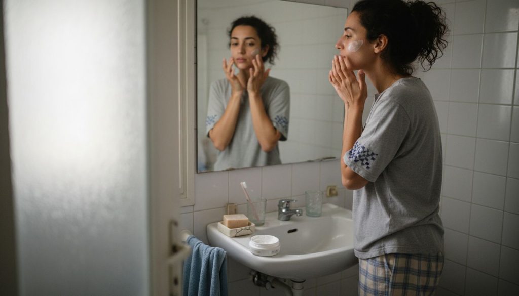 Woman applying gentle face cream at sink