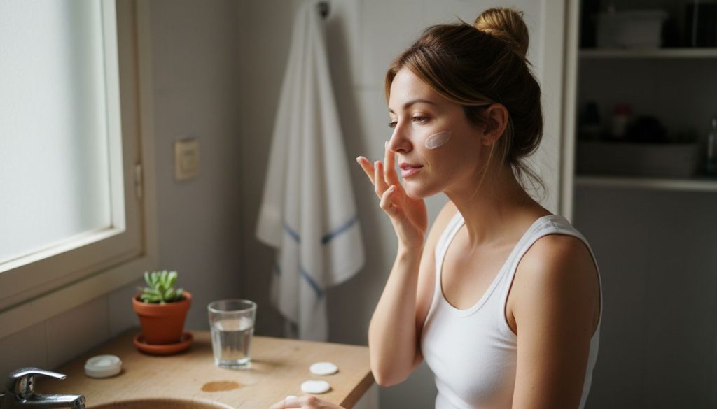 Woman moisturizing face in sunlit bathroom