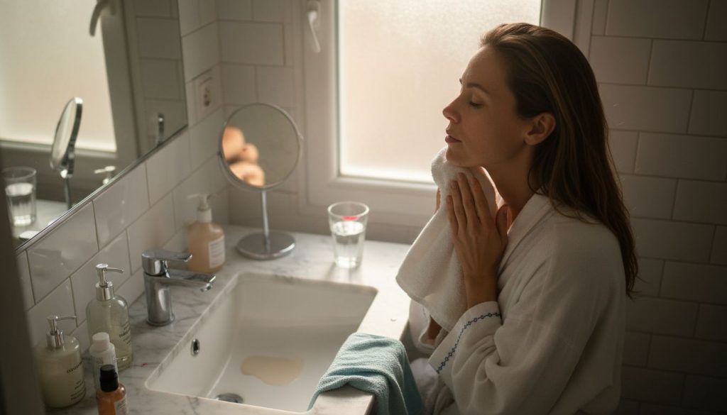 Woman gently cleansing face before makeup