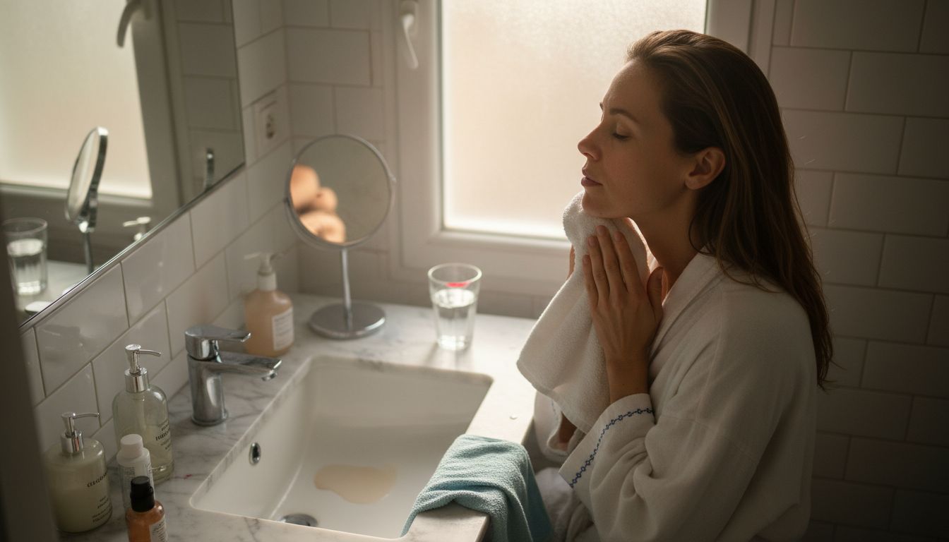 Woman gently cleansing face before makeup