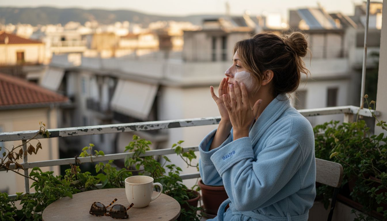 Woman applies sunscreen on balcony morning
