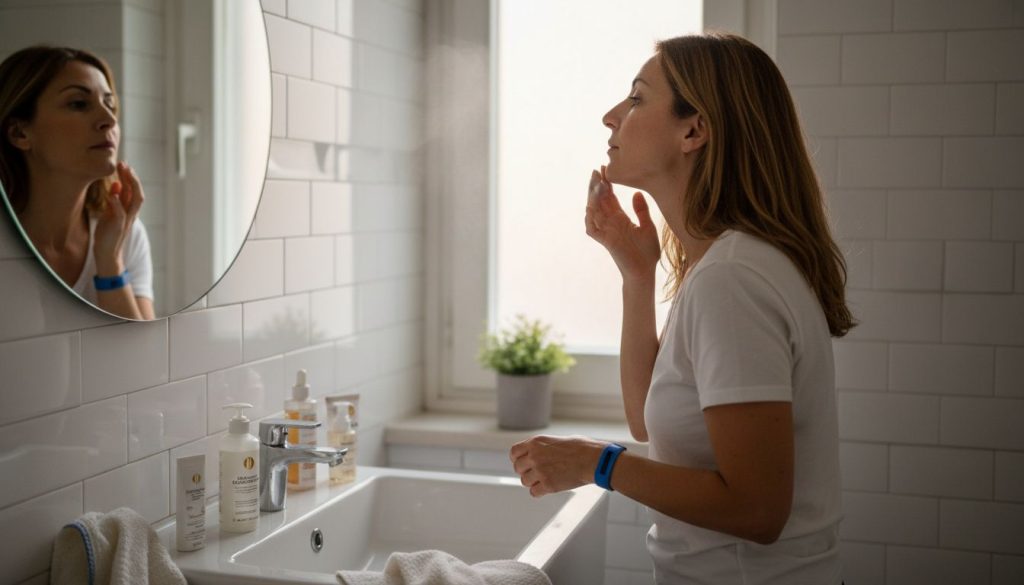 Μια γυναίκα φροντίζει το δέρμα της με αντιγηραντικά προϊόντα μπροστά στον καθρέφτη του μπάνιου της.