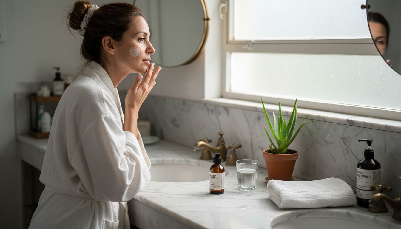 Μια γυναίκα απλώνει ενυδατική κρέμα στο πρόσωπό της μπροστά στον καθρέφτη του μπάνιου.