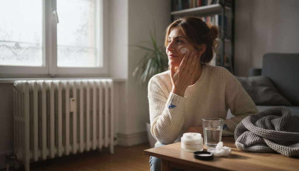 Μια γυναίκα απολαμβάνει τη ζεστασιά του σαλονιού της τον χειμώνα, περιποιείται το δέρμα της απλώνοντας ενυδατική κρέμα.