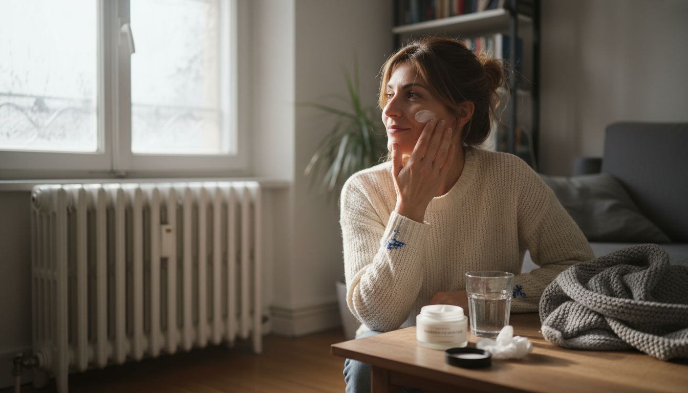 Μια γυναίκα απολαμβάνει τη ζεστασιά του σαλονιού της τον χειμώνα, περιποιείται το δέρμα της απλώνοντας ενυδατική κρέμα.
