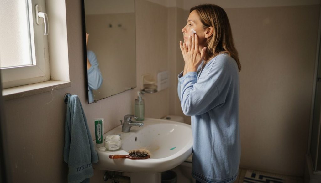 Μια γυναίκα απολαμβάνει ένα χαλαρωτικό μασάζ προσώπου στο μπάνιο της, λουσμένο από το φυσικό φως του ήλιου.