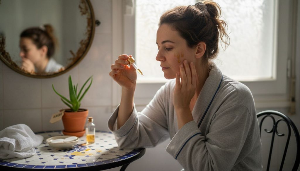 Μια γυναίκα περιποιείται το πρόσωπό της με λάδι μπροστά στον καθρέφτη του μπάνιου της.