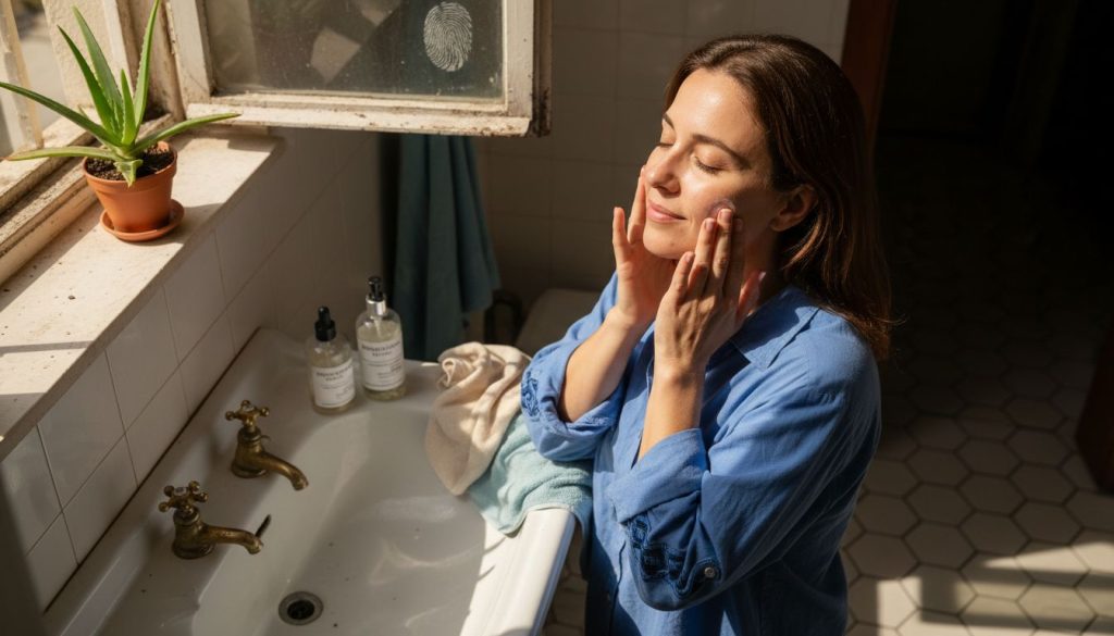 Μια γυναίκα περιποιείται το πρόσωπό της με ενυδατική κρέμα, απολαμβάνοντας το φως του ήλιου στο μπάνιο της.