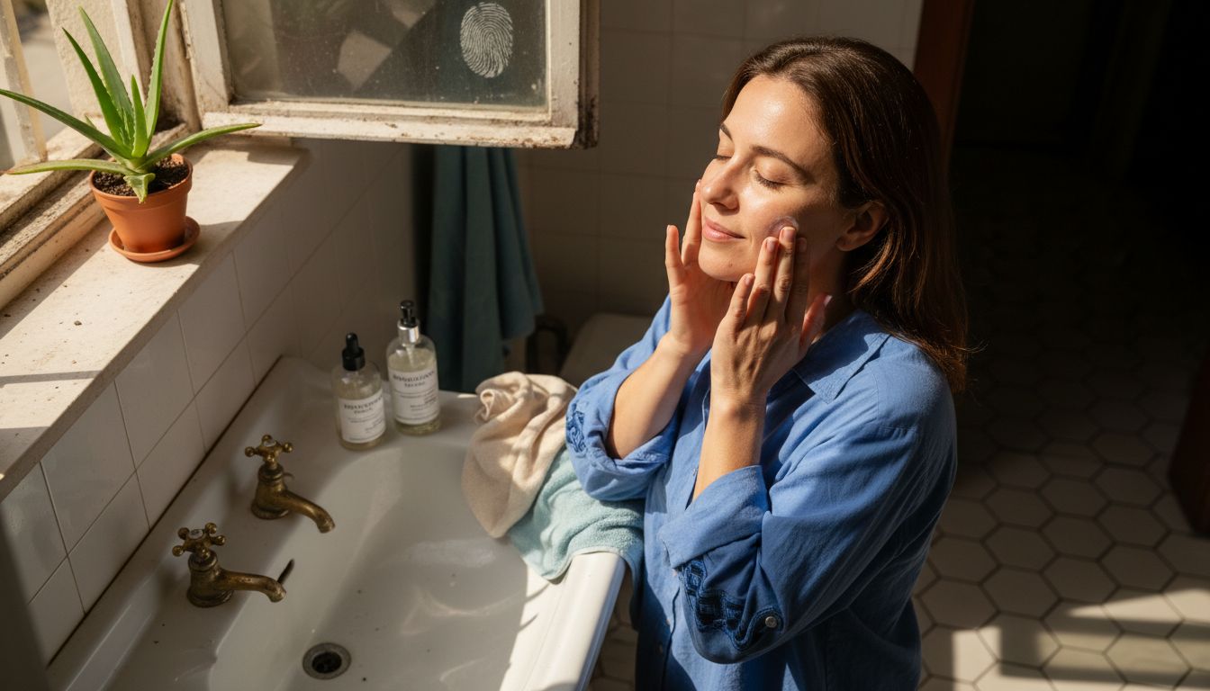Μια γυναίκα περιποιείται το πρόσωπό της με ενυδατική κρέμα, απολαμβάνοντας το φως του ήλιου στο μπάνιο της.