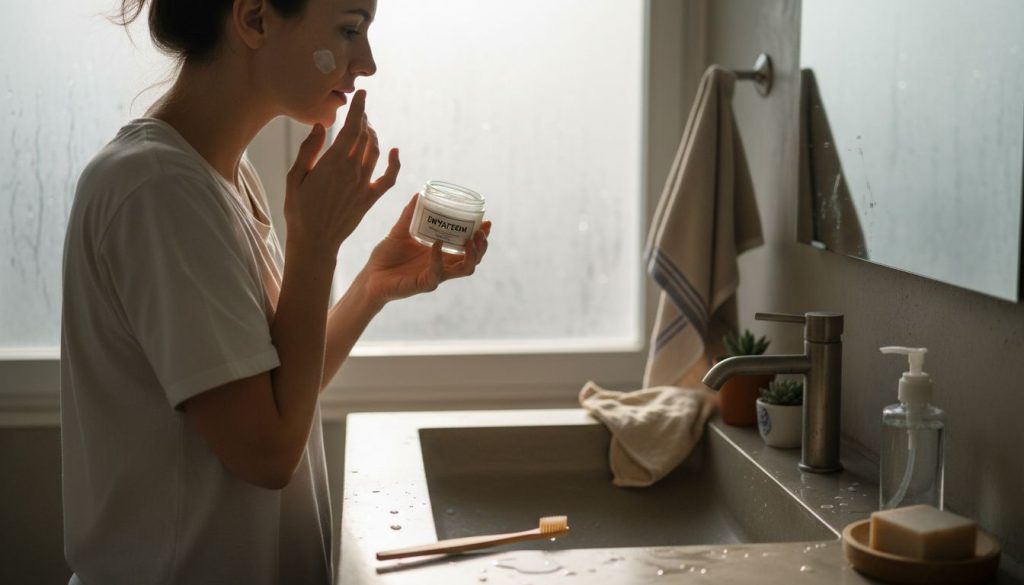 Γυναίκα φροντίζει το δέρμα της στο σπίτι με φυσικά και οικολογικά προϊόντα