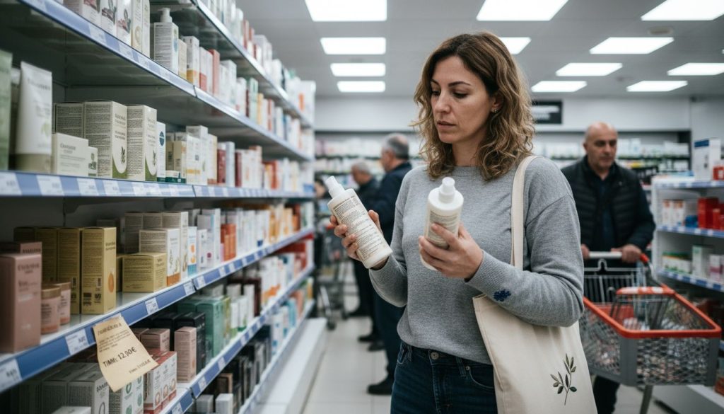 Μια γυναίκα συγκρίνει φυσικά και συμβατικά καλλυντικά, εξετάζοντας προσεκτικά τα συστατικά και τα οφέλη τους.