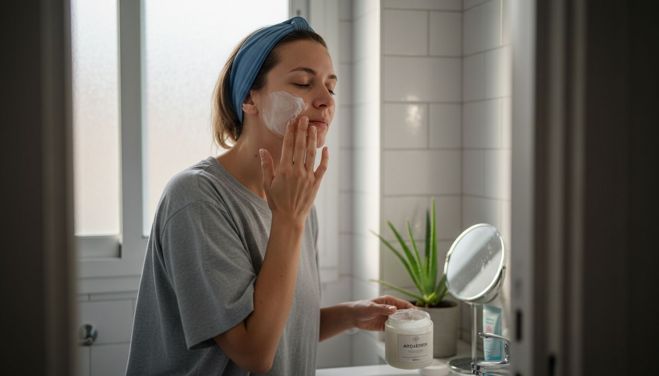Μια γυναίκα περιποιείται το πρόσωπό της με απολεπιστικό προϊόν στο μπάνιο της.