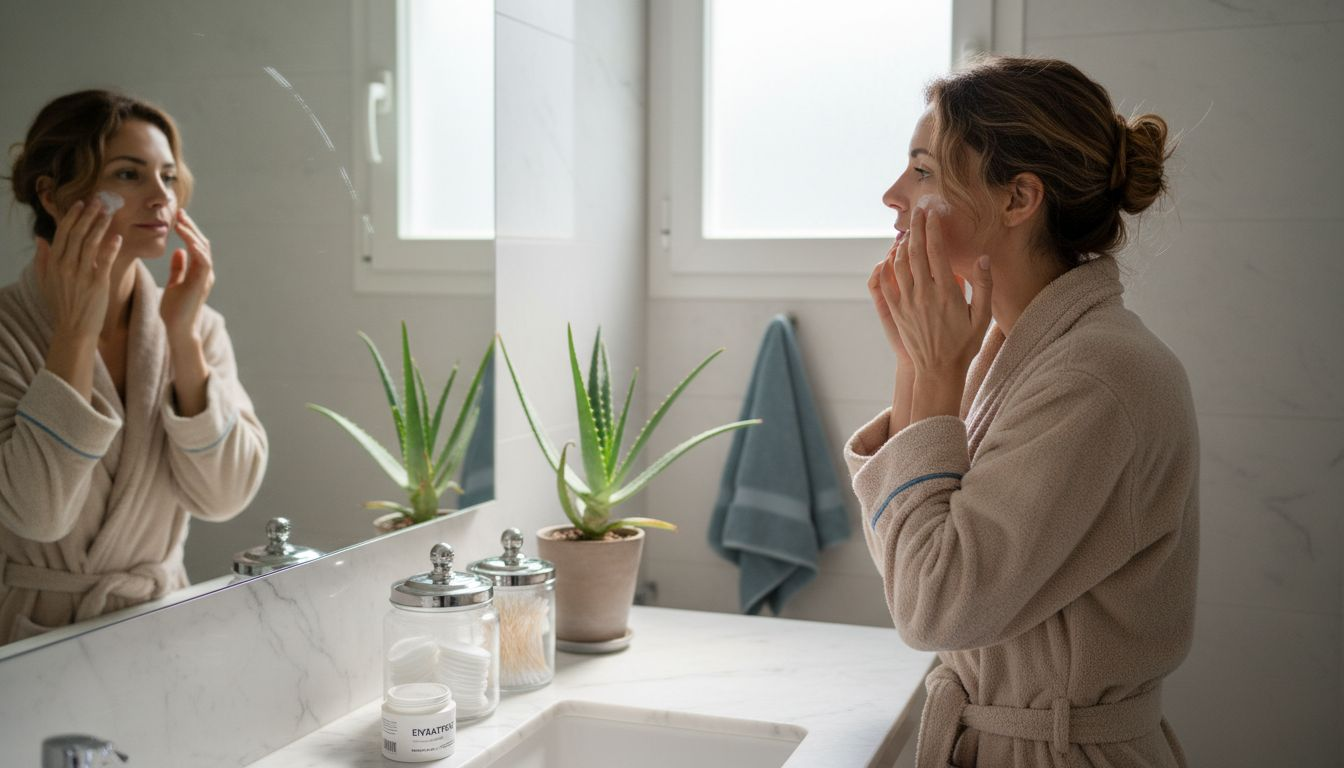 Γυναίκα βάζει κρέμα στο πρόσωπό της στο μπάνιο του σπιτιού της, σε ένα φυσικό και καθημερινό περιβάλλον.